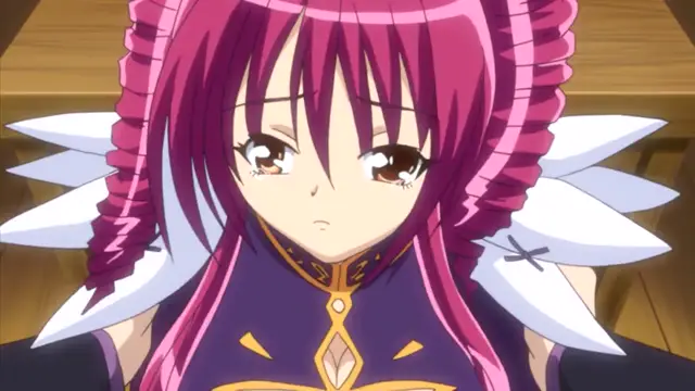 A close-up shot of an anime girl with long pink hair and a disgusted facial expression, wearing a dark purple and gold outfit with white feathery accents. Screenshot from Oshiete Re Maid - Episode 1