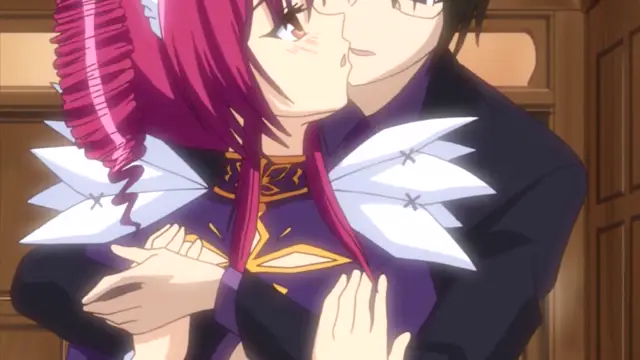 A male character with dark hair and a navy blue outfit leans in to kiss a female character with pink hair and an elaborate dark purple and gold dress on the lips. Screenshot from Oshiete Re Maid - Episode 1