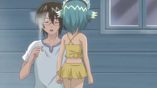 A male anime character with dark hair and a white shirt looks stunned as a girl with turquoise hair and a yellow outfit stands in front of him, while a small white fluid drips from his hand. Screenshot from Oshiete Re Maid - Episode 2