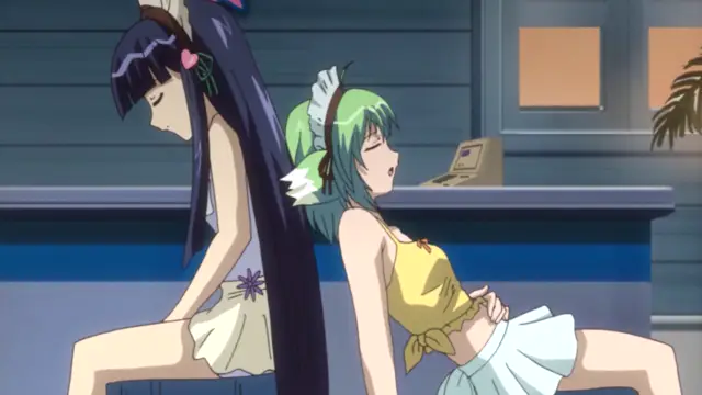 Two anime girls with long hair, one with black hair and one with green hair, are slumped over a blue bar counter with their eyes closed and mouths open, appearing to be passed out. Screenshot from Oshiete Re Maid - Episode 2