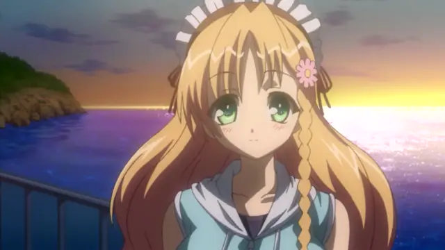 A blonde girl in a sailor-style outfit with a frilled headband stands in front of a sunset ocean, looking forward with a neutral expression. Screenshot from Oshiete Re Maid - Episode 2