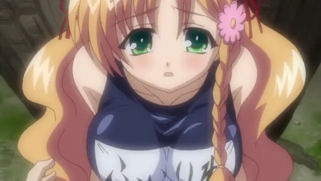 A close-up shot of a girl with long orange hair and green eyes, wearing a blue and white top, looking forward with a blush on her face in a forest setting. Screenshot from Oshiete Re Maid - Episode 2