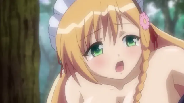 A blonde anime girl with green eyes and a surprised expression looks forward while being exposed in a forest setting. Screenshot from Oshiete Re Maid - Episode 2