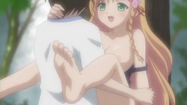 A blonde girl with green eyes and long hair in a black bikini smiles while wrapping her legs around the waist of a shirtless man from behind in a forest setting. Screenshot from Oshiete Re Maid - Episode 2