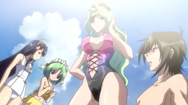 Four anime girls and one boy stand outdoors on a sunny day, with the girls wearing swimwear and the boy appearing shirtless. Screenshot from Oshiete Re Maid - Episode 2