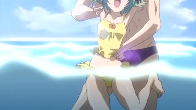 In this anime-style scene, a girl in a yellow bikini is being held from behind by a man in purple swimming trunks as they wade through shallow ocean water. Screenshot from Oshiete Re Maid - Episode 2