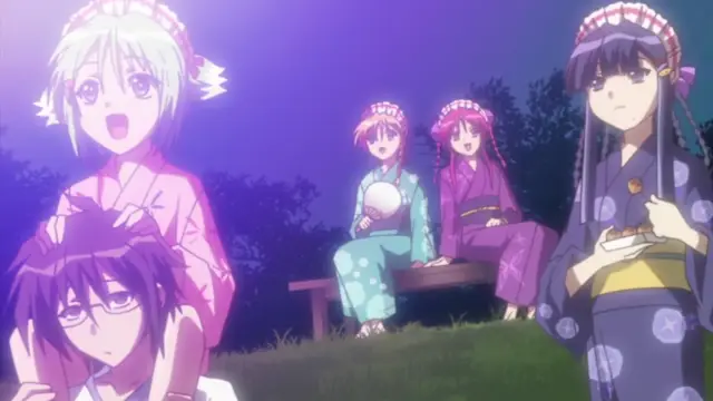 A group of anime girls in traditional kimonos gather outdoors at night, with one girl excitedly holding a young man from behind while another sits on a bench holding a dango. Screenshot from Oshiete Re Maid - Episode 2