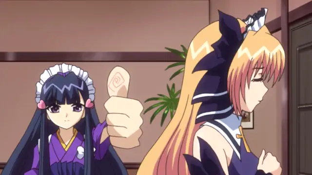 A long-haired blonde anime girl with a sad expression stands next to a girl in a maid outfit who is giving her a thumbs up. Screenshot from Oshiete Re Maid - Episode 2
