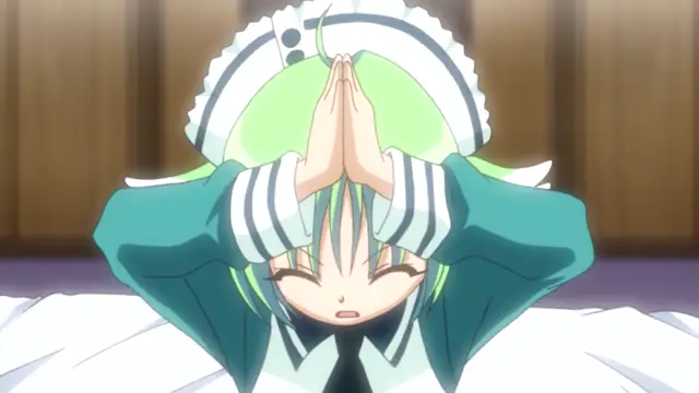 A girl with green hair wearing a nurse's outfit bows her head with her hands pressed together in a praying gesture. Screenshot from Oshiete Re Maid - Episode 2