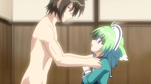 A muscular, shirtless anime man with dark hair stands over a smaller girl with green hair and a white ribbon, holding her shoulders while she looks up at him with a surprised expression. Screenshot from Oshiete Re Maid - Episode 2