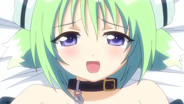 A blushing anime girl with green hair and blue eyes, wearing a collar with a leash and a small tail, lies on a white bed with a dazed expression and an open mouth. Screenshot from Oshiete Re Maid - Episode 2