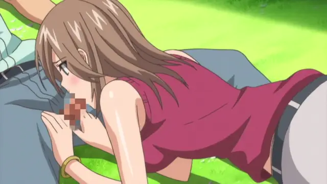 An anime girl with long brown hair and a pink top leans forward over a man's lap in a grassy field, pressing her face against his crotch. Screenshot from Menkui! - Episode 1