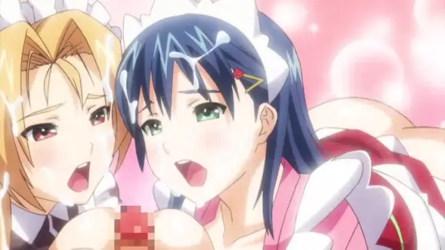 Two anime girls in maid outfits with blushing faces and open mouths are shown from the chest up in a close-up shot against a pink background. Screenshot from Menkui! - Episode 1