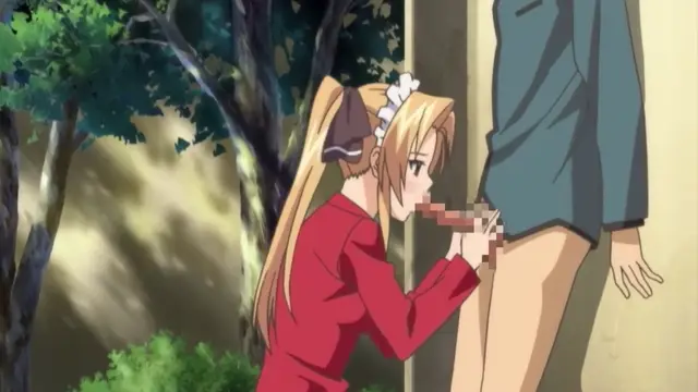 A blonde girl in a red dress crouches down and performs oral sex on the thigh of a woman standing in front of her. Screenshot from Menkui! - Episode 2