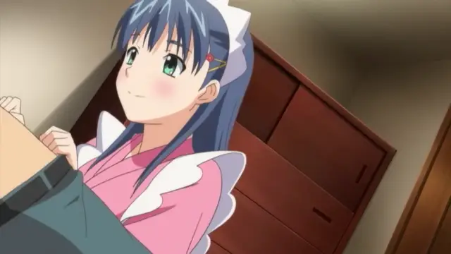 A blushing blue-haired maid in a pink and white dress looks on with a satisfied expression while a man is positioned in front of her. Screenshot from Menkui! - Episode 2