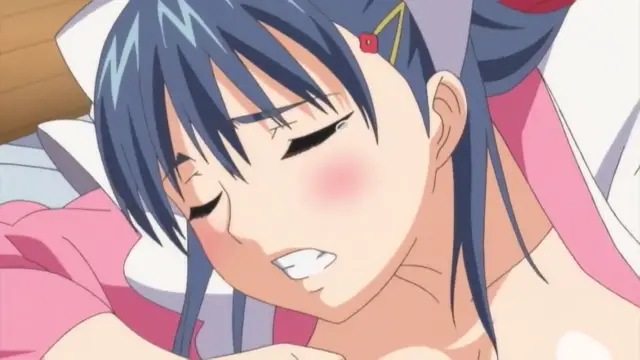 A close-up of an anime girl with long blue hair and a blushing face lying in bed, looking aroused with her eyes closed and her mouth slightly open. Screenshot from Menkui! - Episode 2