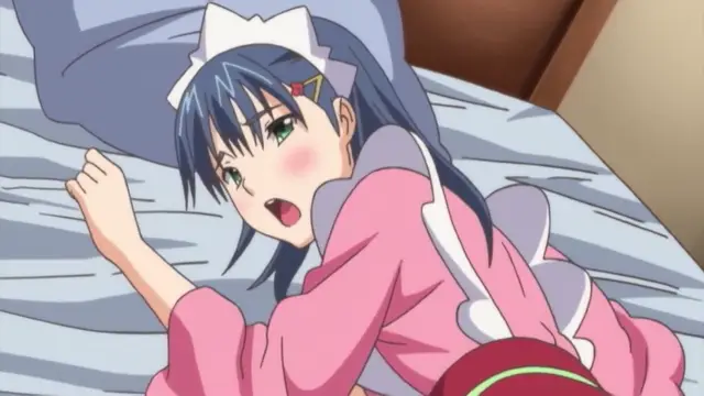 A blue-haired anime girl in a pink maid outfit with a white frilled headband lies on a bed with a shocked expression on her face. Screenshot from Menkui! - Episode 2