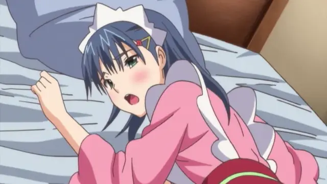 A blushing anime girl with long blue hair wearing a pink maid outfit lies on a bed with a surprised expression. Screenshot from Menkui! - Episode 2