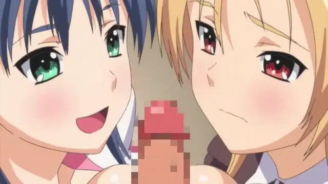 A blue-haired girl with a joyful expression and a blonde girl with a blushing, stoic face look down at a large, pixelated penis between them. Screenshot from Menkui! - Episode 2