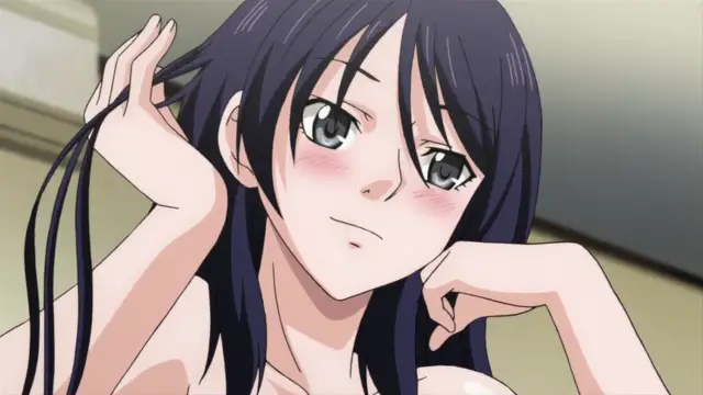 An anime girl with long dark hair and blushing cheeks rests her chin on her hand while looking at the viewer with a sly smile. Screenshot from Nozoki Ana