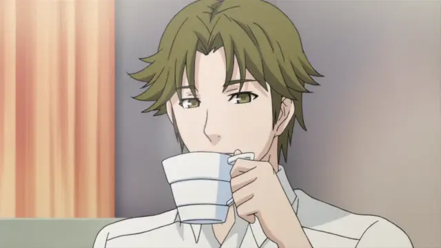 A man with messy brown hair and green eyes holds a white mug to his mouth while sitting in a room with a vertical-striped curtain in the background. Screenshot from Nozoki Ana
