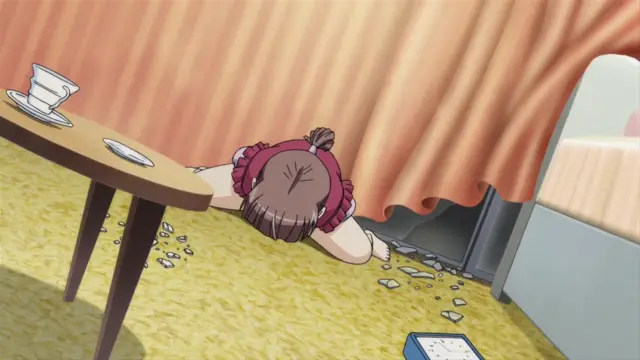 A girl in a red dress lies face down on a carpeted floor next to a table, looking distressed as she faces a door behind a curtain. Screenshot from Nozoki Ana