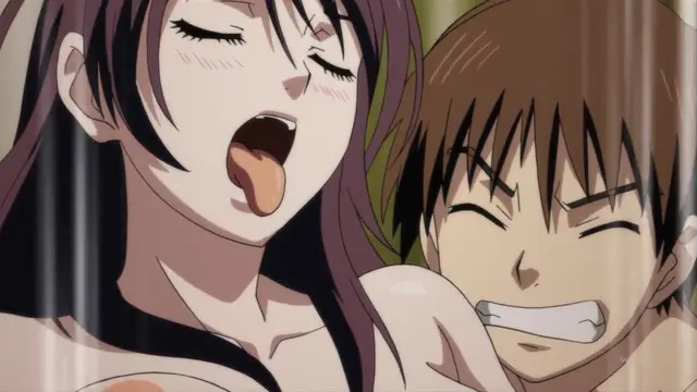 A close-up shot shows a woman with long dark hair and an open mouth expressing pleasure next to a man with short brown hair who has a strained expression and clenched teeth, both appearing to be under a shower. Screenshot from Nozoki Ana