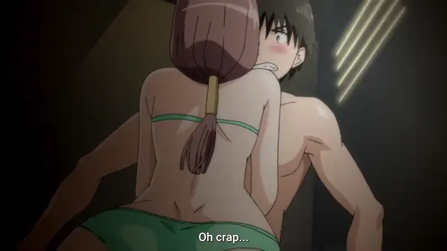 A surprised and blushing anime man stands behind a girl in a green bikini, pressing her against a wall with his arms around her as she looks back over her shoulder with a shocked expression, with the subtitle "Oh crap..." at the bottom. Screenshot from Nozoki Ana