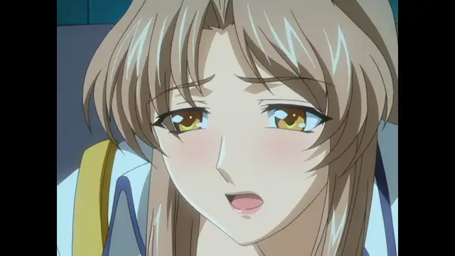 A close-up of an anime girl with light brown hair, blushing intensely and looking downward with a dazed expression. Screenshot from Ryoujoku Guerrilla Kari 3 - Episode 1