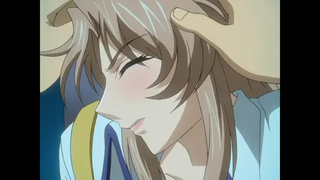 A close-up shot of an anime girl with long brown hair and blushing cheeks looking down with a dazed expression while a hand rests on her head. Screenshot from Ryoujoku Guerrilla Kari 3 - Episode 1