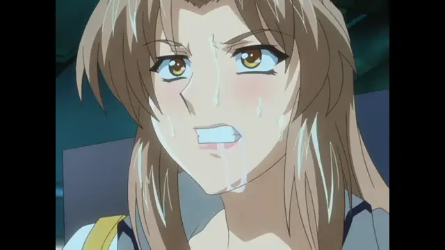 An anime girl with long brown hair and golden eyes stares ahead with a dazed, heavy-lidded expression while covered in thick strings of saliva and sweat. Screenshot from Ryoujoku Guerrilla Kari 3 - Episode 1