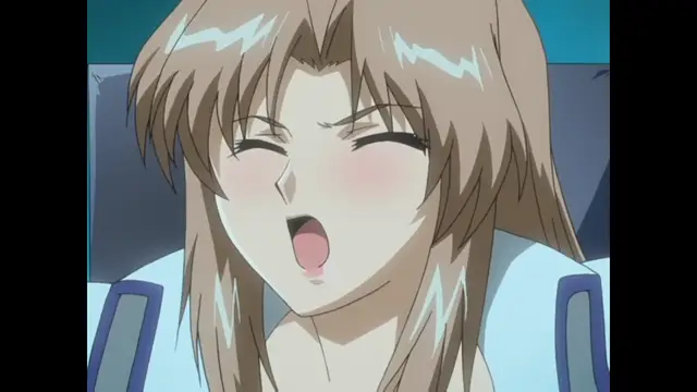 An anime girl with light brown hair and blushing cheeks sits in a chair with her eyes closed and mouth open in an expression of pleasure. Screenshot from Ryoujoku Guerrilla Kari 3 - Episode 1