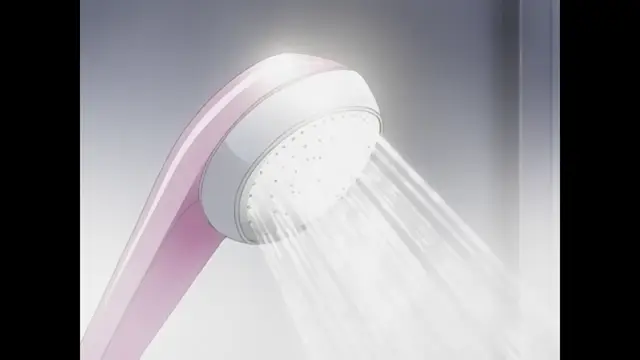 A pink shower head sprays water out of its nozzles in a bathroom setting. Screenshot from Ryoujoku Guerrilla Kari 3 - Episode 1