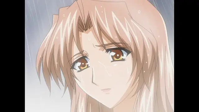 A close-up shot of a crying girl with long, light brown hair and large, expressive brown eyes standing in the rain. Screenshot from Ryoujoku Guerrilla Kari 3 - Episode 1