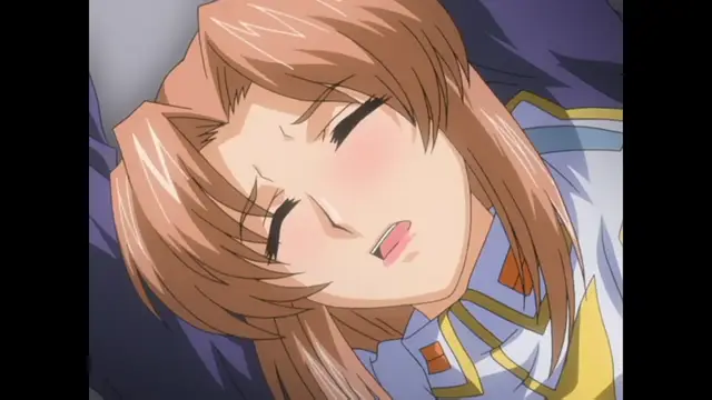 A blushing anime girl with brown hair lies on her back with her eyes closed and her mouth slightly open in an expression of pleasure. Screenshot from Ryoujoku Guerrilla Kari 3 - Episode 1
