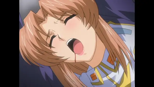 A girl with light brown hair and a shocked expression, her mouth open and a drop of blood coming from her lip, lies on a purple surface. Screenshot from Ryoujoku Guerrilla Kari 3 - Episode 1