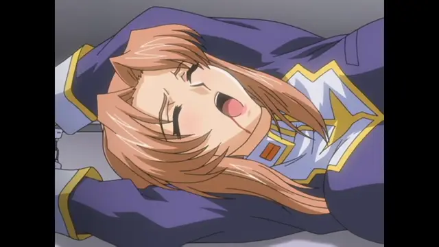 An anime girl with long light brown hair wearing a blue and gold uniform lies on the floor with her eyes closed and mouth open in an expression of exhaustion or pleasure. Screenshot from Ryoujoku Guerrilla Kari 3 - Episode 1
