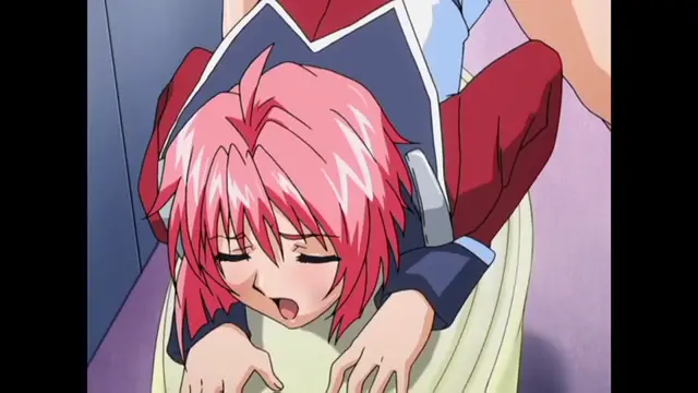 An anime girl with pink hair and a shocked expression is being sat on by another character in a red and blue outfit, with the girl's hands gripping the sheets as she looks upwards. Screenshot from Ryoujoku Guerrilla Kari 3 - Episode 2