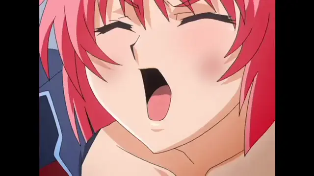 A close-up of a red-haired anime girl with a blushing face and closed eyes, her mouth wide open in an expression of intense pleasure. Screenshot from Ryoujoku Guerrilla Kari 3 - Episode 2