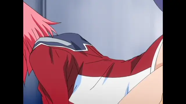 A pink-haired anime girl in a red and white sports uniform is shown from behind, bent over with her rear exposed as she is being penetrated from behind by a male character. Screenshot from Ryoujoku Guerrilla Kari 3 - Episode 2
