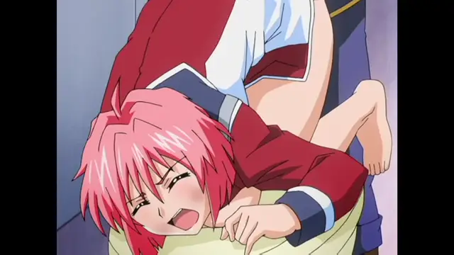 A pink-haired girl in a red and white school uniform lies on her back with an ecstatic expression while another character in a matching uniform straddles her from behind, facing away. Screenshot from Ryoujoku Guerrilla Kari 3 - Episode 2