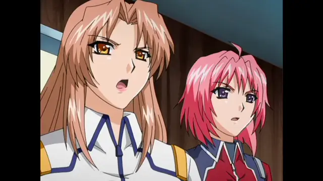 Two anime girls with shocked expressions stand side by side in a room, one with long light brown hair wearing a white and blue outfit and the other with pink hair wearing a red and blue uniform. Screenshot from Ryoujoku Guerrilla Kari 3 - Episode 2