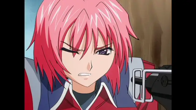 A red-haired anime girl with a stern expression holds a large gun against her shoulder while looking toward the viewer. Screenshot from Ryoujoku Guerrilla Kari 3 - Episode 2