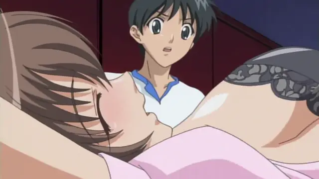 A young man with short black hair watches in shock as a large-breasted woman lies on her side in a pink negligee, wearing black lace lingerie. Screenshot from Anejiru The Animation - Episode 1