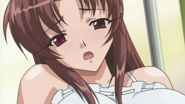 A brown-haired anime girl with red eyes looks on with a surprised, open-mouthed expression while wearing a white off-the-shoulder top. Screenshot from Anejiru The Animation - Episode 1