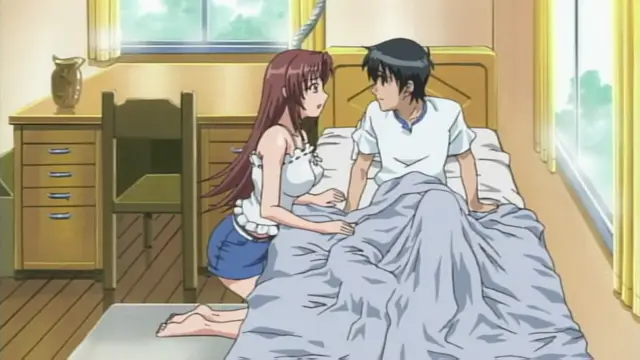 A girl with long brown hair and a blue skirt sits on a bed next to a man in a white shirt, looking up at him while a large grey blanket covers most of their lower bodies. Screenshot from Anejiru The Animation - Episode 1