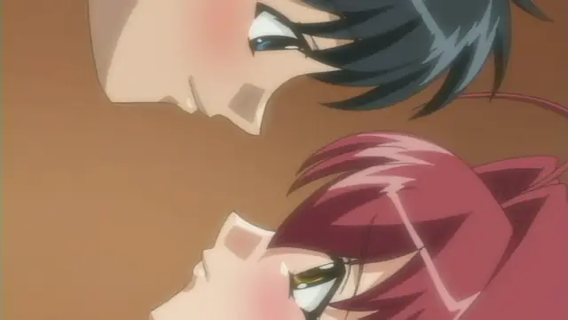A close-up shot shows an anime man with dark hair and an anime woman with red hair looking into each other's eyes with blushing faces. Screenshot from Anejiru The Animation - Episode 2