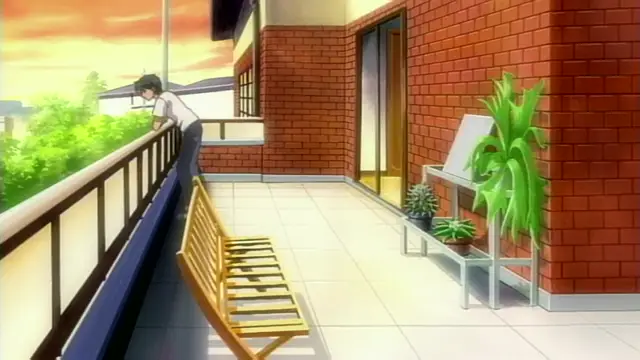 A young woman with black hair and a white shirt leans over a balcony railing, looking down at the greenery below during a sunset. Screenshot from Anejiru The Animation - Episode 2