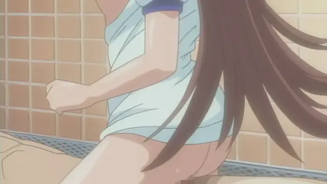 An anime girl with long brown hair wearing a light blue and white striped outfit is shown in a close-up shot from the waist down, sitting on a tiled floor. Screenshot from Anejiru The Animation - Episode 2
