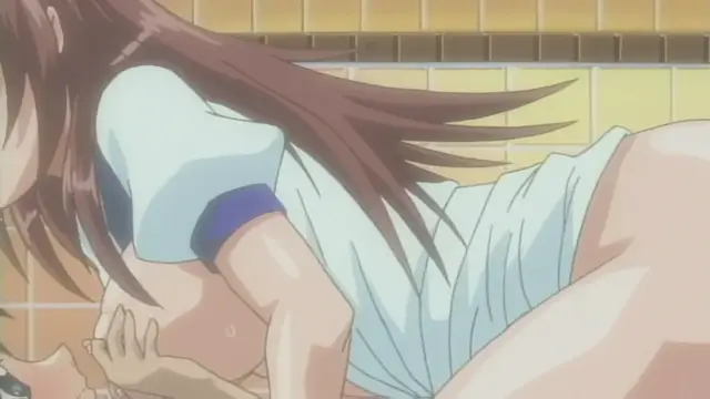 A brown-haired girl in a light blue and white swimsuit lies face down on a tiled floor in a bathroom, with a small man's face visible at the bottom left as she appears to be being dominated or pussyed. Screenshot from Anejiru The Animation - Episode 2